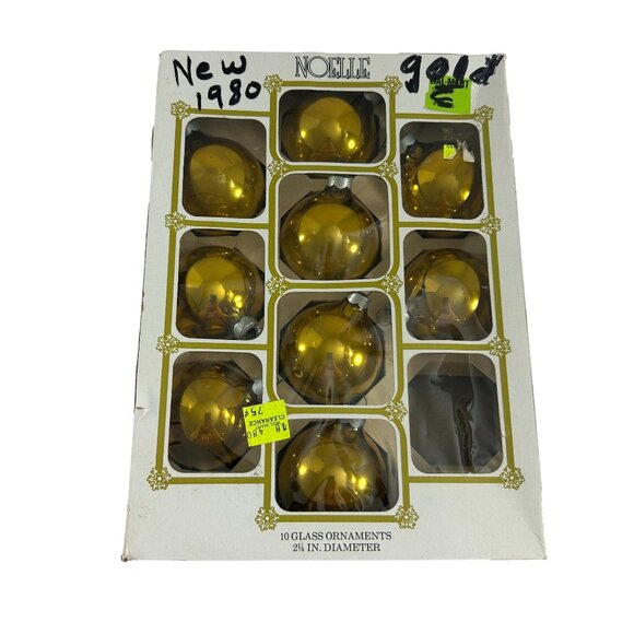 Vintage Noelle 9 Gold Glass Ball Christmas Ornaments USA Holiday W Box READ - Picture 1 of 7